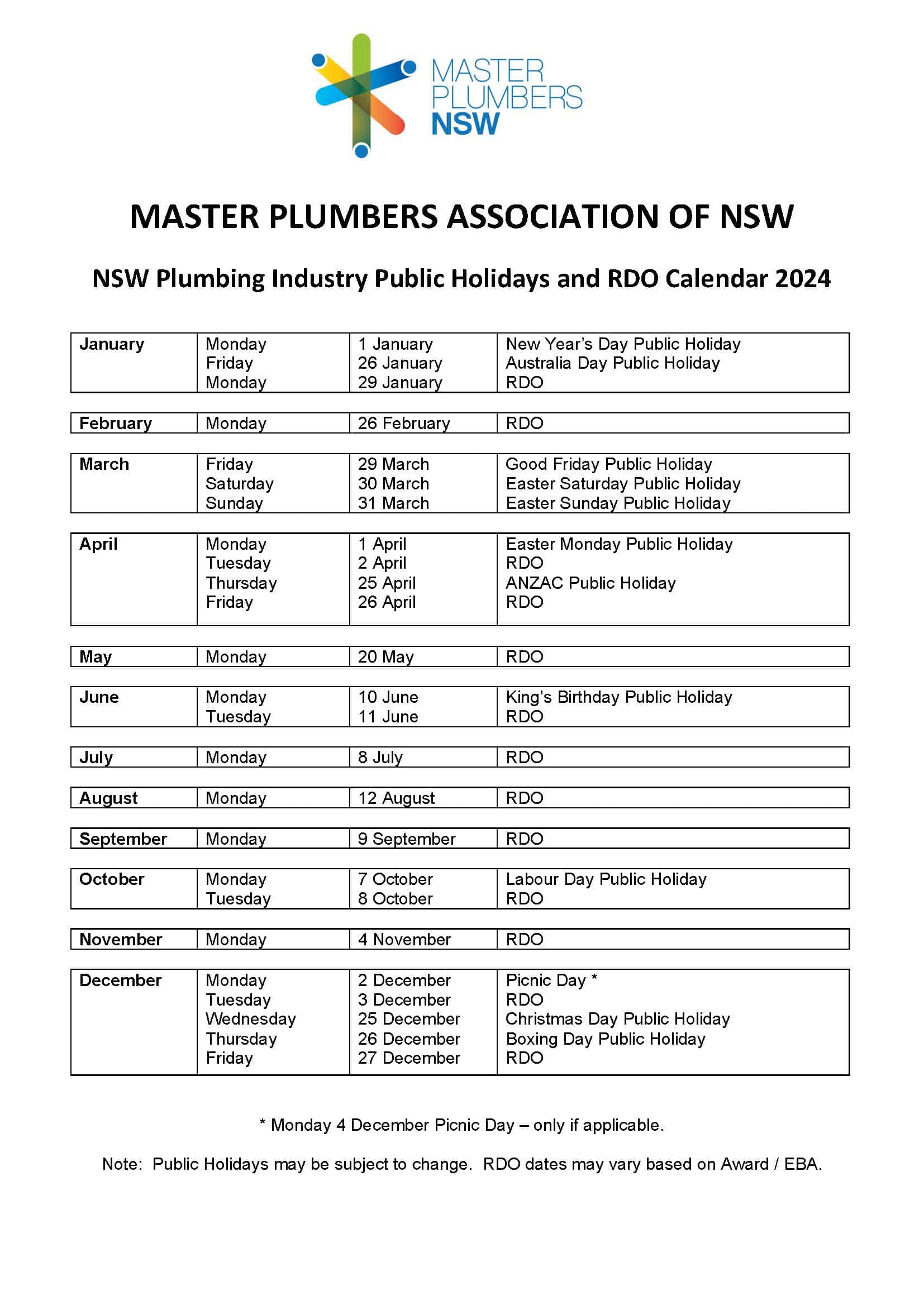 2024 Calendar Public Holidays & RDO's Master Plumbers